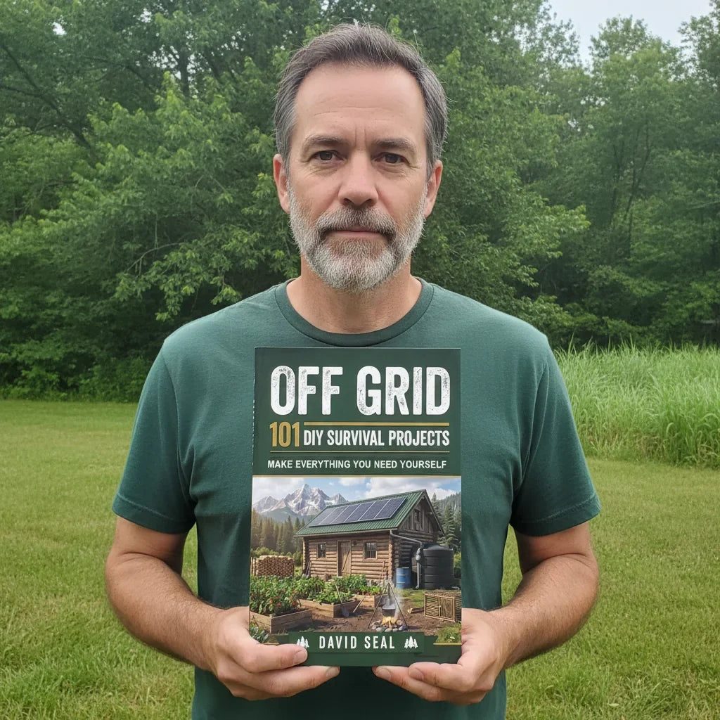 Off Grid: 101 DIY Survival Projects held outdoors on a homestead