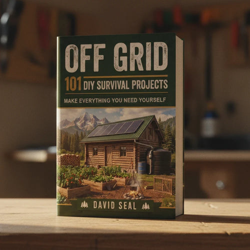 Off Grid: 101 DIY Survival Projects printed book standing on a workbench