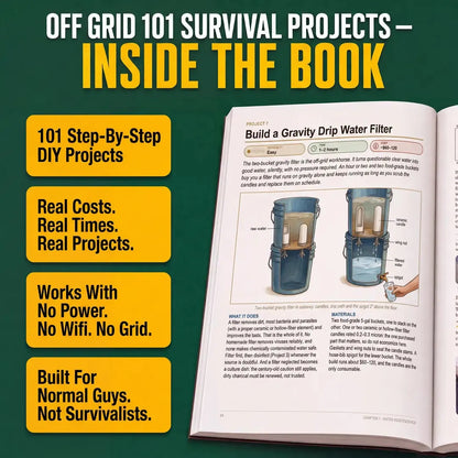 Inside the book: a gravity drip water filter project page with step-by-step photos, real costs and build times