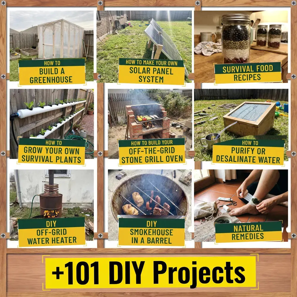 Collage of projects from the book: greenhouse, solar panel system, stone grill oven, water heater, smokehouse and more