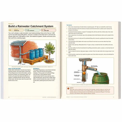 Open book spread: the rainwater catchment system project with a labelled drawing and step-by-step instructions
