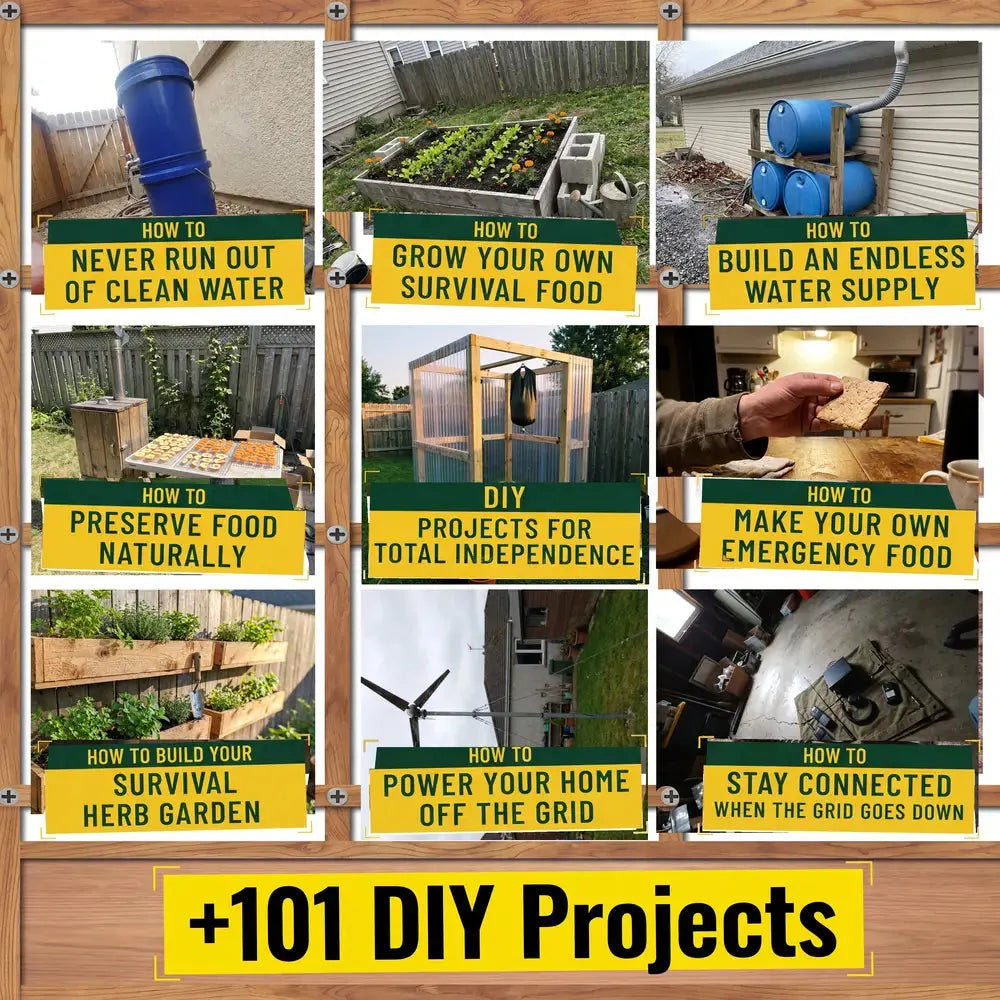 Collage of more projects: clean water, survival food, herb garden, emergency water supply, powering your home off the grid