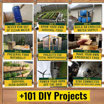 Collage of more projects: clean water, survival food, herb garden, emergency water supply, powering your home off the grid