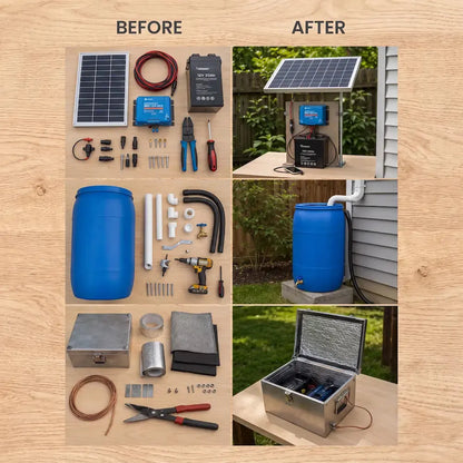 Before and after: the parts laid out and the finished off-grid power build from the book