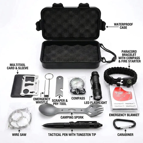 All twelve kit items laid out and labeled: waterproof case, multitool card and sleeve, emergency whistle, scraper and pry tool, compass, LED flashlight, paracord bracelet with compass and fire starter, emergency blanket, wire saw, camping spork, tactical pen with tungsten tip, carabiner