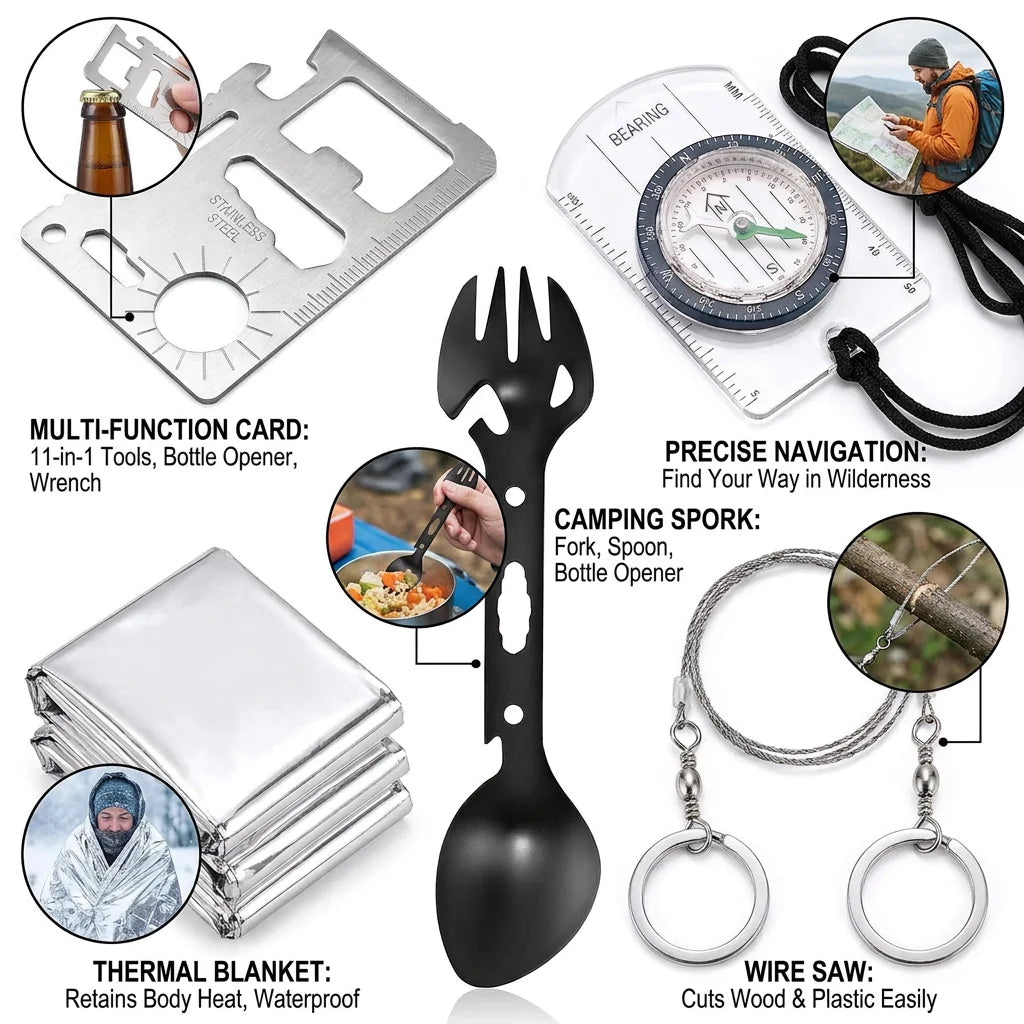 Feature sheet: tactical LED flashlight with zoom and dimensions, paracord bracelet with whistle, scraper and emergency rope, tactical pen glass breaker with tungsten point