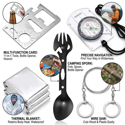 Feature sheet: tactical LED flashlight with zoom and dimensions, paracord bracelet with whistle, scraper and emergency rope, tactical pen glass breaker with tungsten point