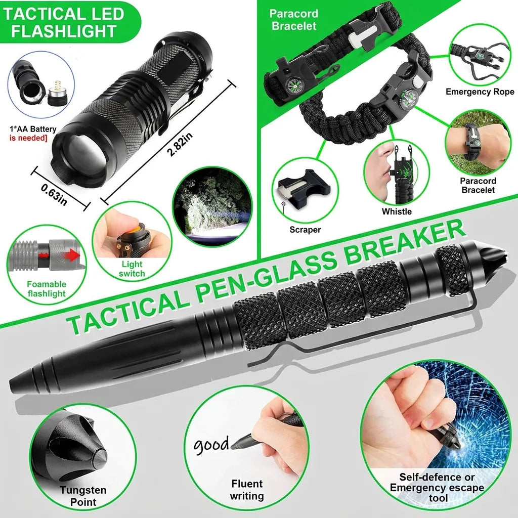 Feature sheet: multi-function card with 11-in-1 tools, precise navigation compass, camping spork, thermal blanket, wire saw